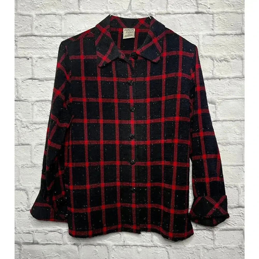 Allison Daley red and black plaid button up shirt blouse shimmery size 14.